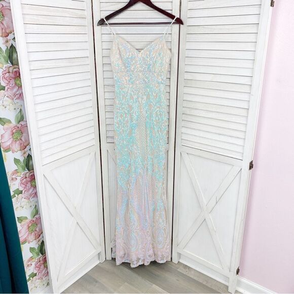 Jules & Cleo Iridescent Sequin Mermaid Sheath Maxi Dress White Juniors 2 - Picture 11 of 16